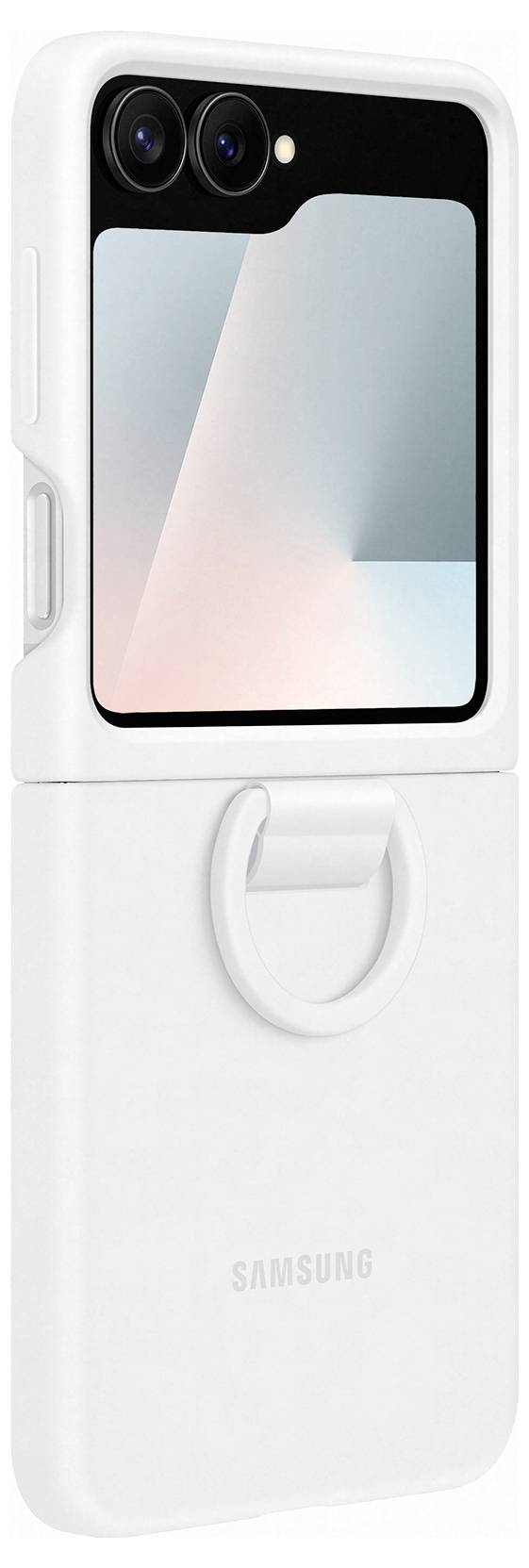 Ein weißes Samsung-Handyhülle mit Ständer wird gezeigt, wobei ihr Schutzdesign hervorgehoben wird. Der obere Bereich hat Aussparungen für die Kamera und eine glatte Oberfläche.