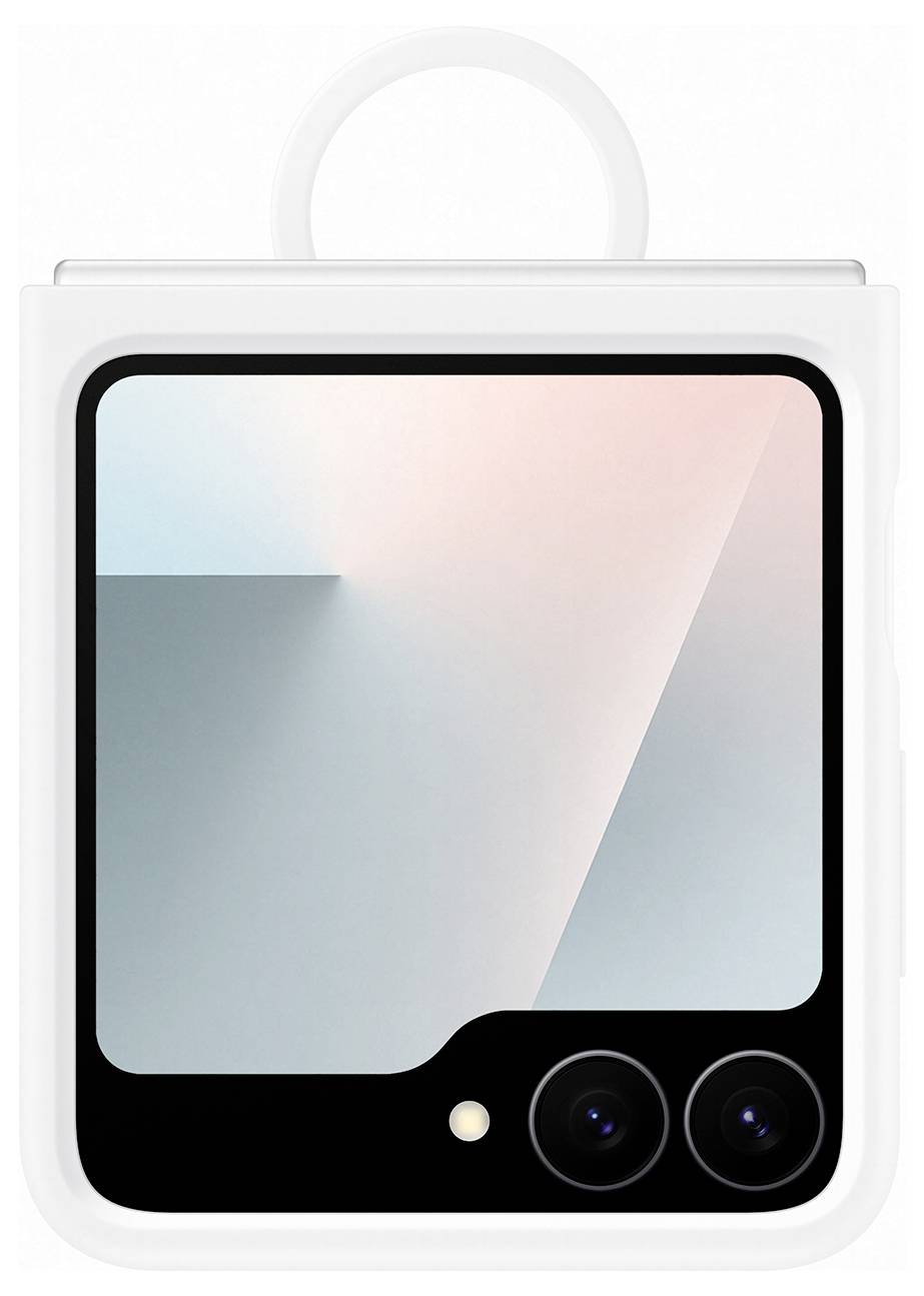 Eine minimalistische Smartphone-Hülle mit einem klaren, weißen Design und doppelten Kameraausschnitten, die ein abstraktes Pastellkunstwerk auf dem Bildschirm zeigen.