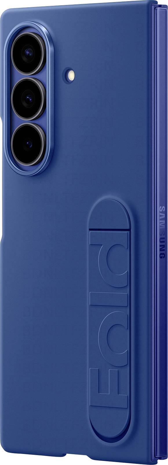 Ein blaues Smartphone-Gehäuse mit einem strukturierten ‚Fold'-Design auf der Rückseite, drei Kameraobjektiven und einem seitlichen Scharnier, was darauf hindeutet, dass es sich um ein Gehäuse für ein faltbares Telefon handelt.