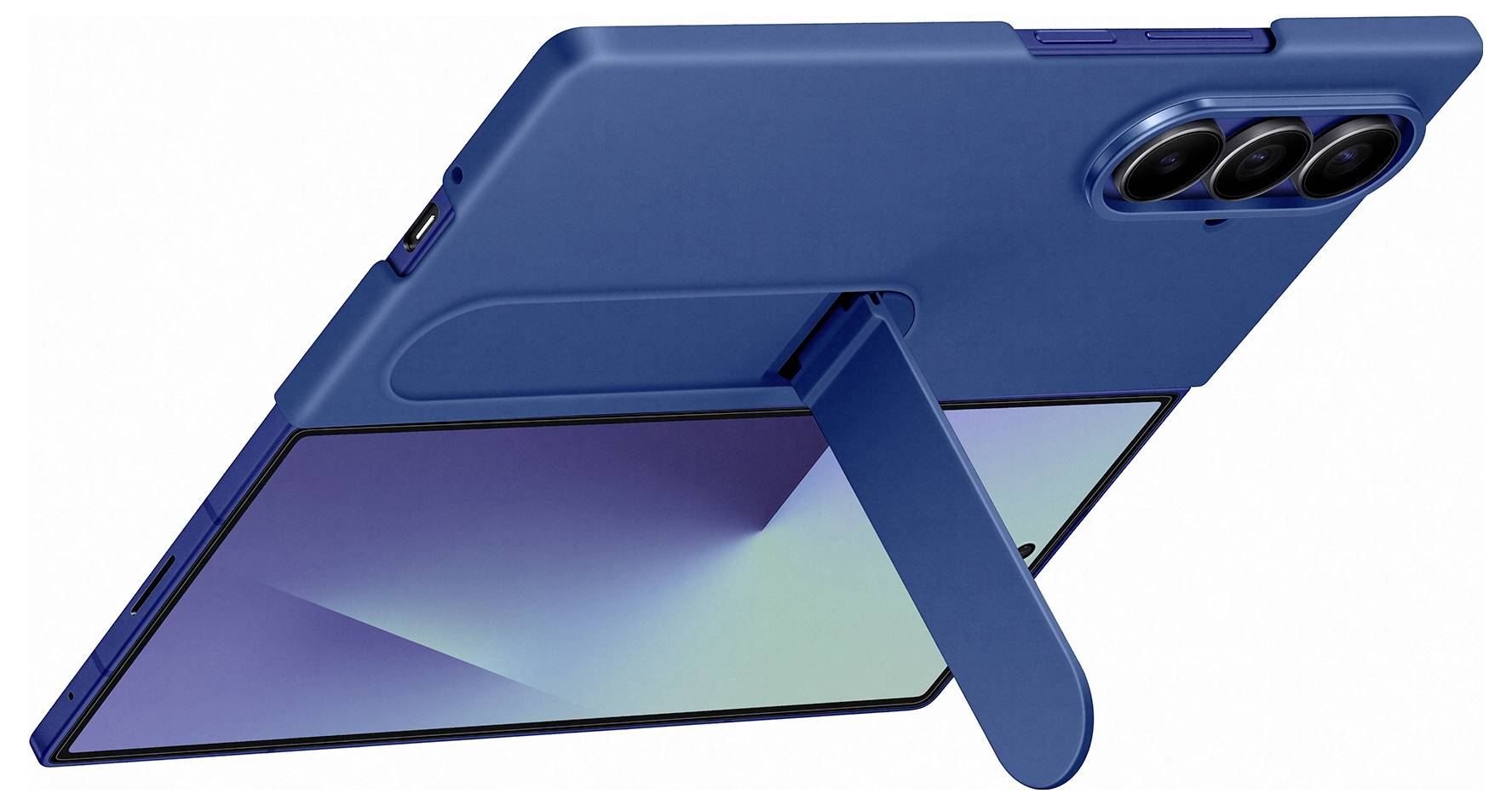 Ein blauer Tabletkoffer mit einem Ständer stützt ein Tablet. Drei Kameraobjektive sind auf der Rückseite des Geräts sichtbar.