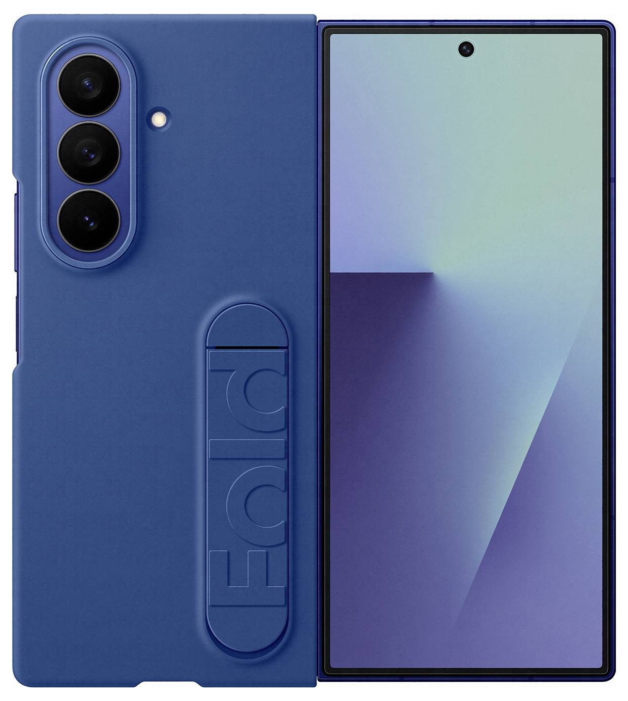 Ein faltbares Smartphone, teilweise geöffnet, mit einem blauen Gehäuse, auf dem 