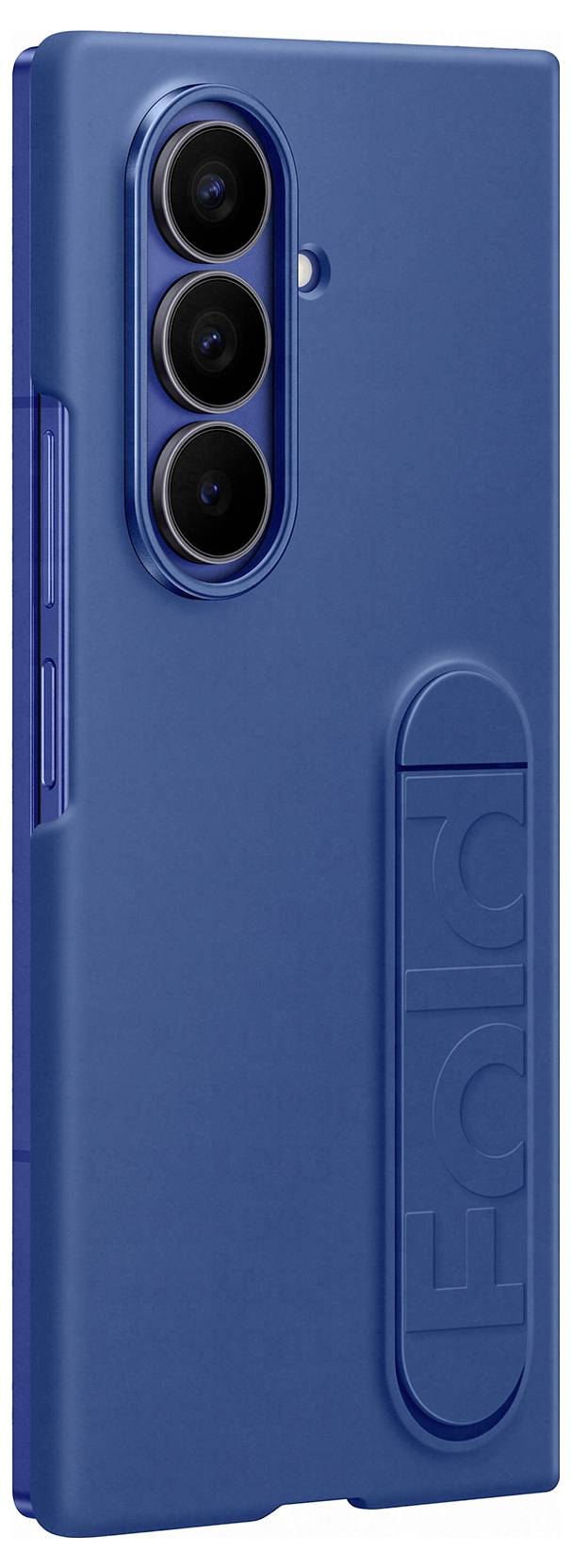 Eine blaue Handyhülle für ein faltbares Smartphone mit drei Kameraobjektiv-Ausschnitten und der Aufschrift 'Fold' in geprägter Schrift.