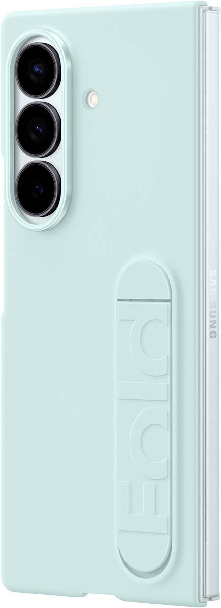 Eine mintgrüne Handyhülle mit drei kreisrunden Kameraausschnitten und der auf der Rückseite geprägten Schrift 'Fold'.