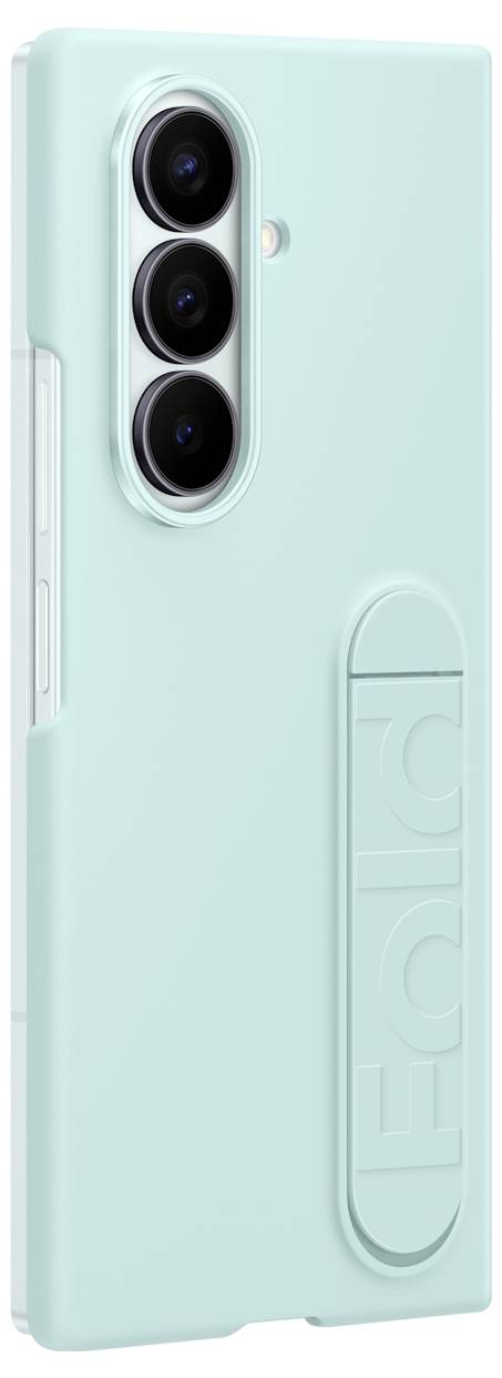 Eine mintgrüne Handyhülle mit vertikalem 'Fold'-Design wird präsentiert, die drei markante Kameraobjektive auf der Rückseite hervorhebt.