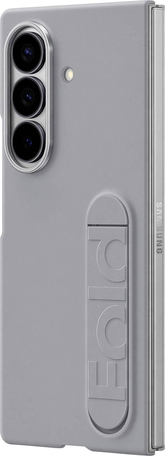 Ein grauer Smartphone mit drei Kameras auf der Rückseite, mit dem Wort 