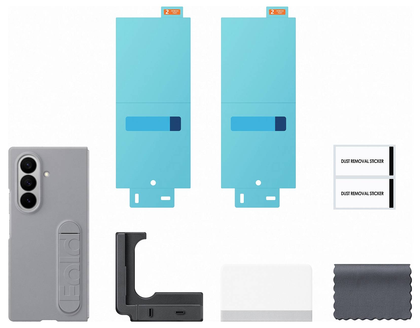 Smartphone-Zubehör-Set mit zwei Displayschutzfolien, einem grauen Gehäuse, Kamerahalterung, weißem Ausrichtungswerkzeug, Staubentfernungsstickern und einem Reinigungstuch.