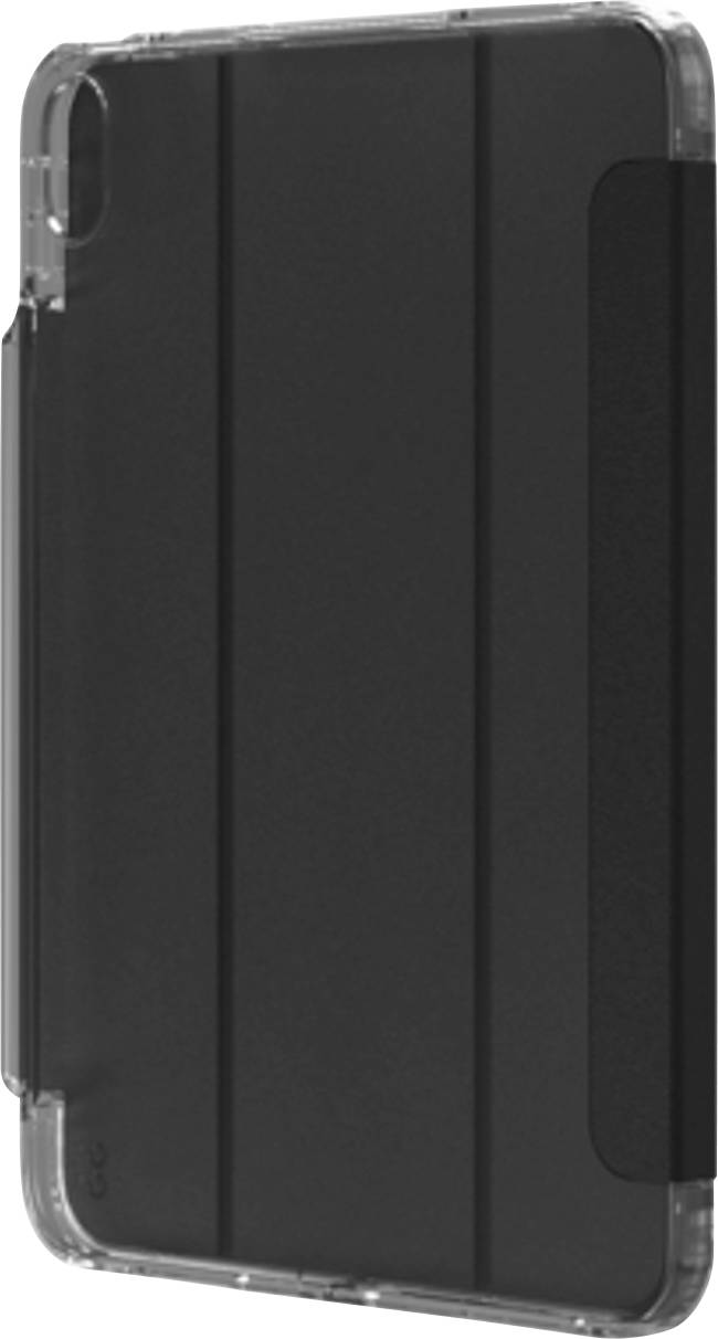 Eine schwarze Tablethülle mit transparenter Rückseite, von einem Winkel aus aufgenommen, um ihr schlankes Design und die Schutzfunktionen hervorzuheben.