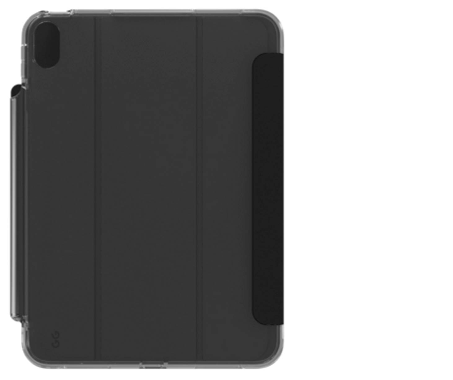 Ein schlankes schwarzes Tablet-Gehäuse mit einer Kameraausparung oben links und einem Stifthalter an der Seite, entwickelt für Schutz und Funktionalität.