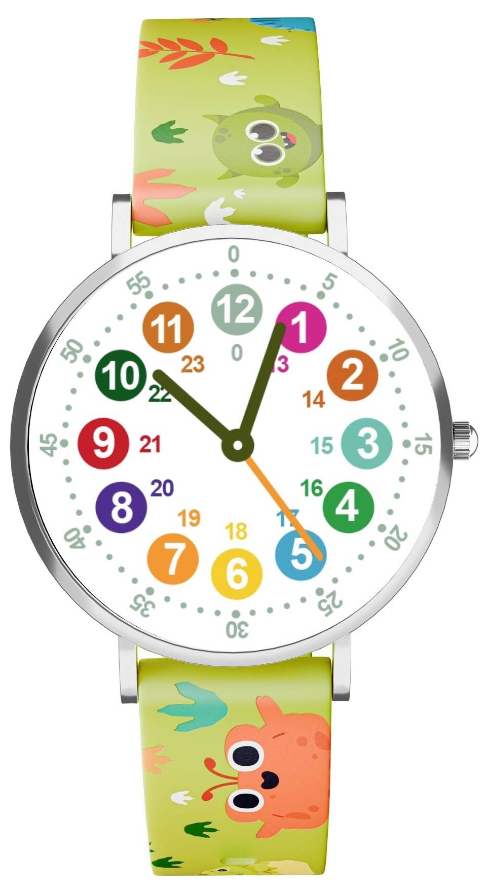 Kinderuhr mit einem bunten Armband mit Cartoon-Tiermotiven. Das runde Ziffernblatt weist helle, mehrfarbige Ziffern und verspielt gestaltete Designs auf.