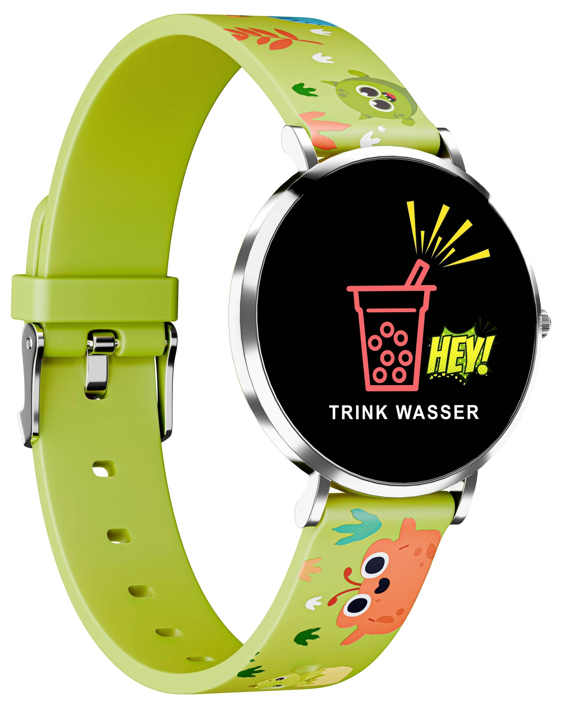 Eine Smartwatch mit einem bunten Armband zeigt eine Erinnerung an: 