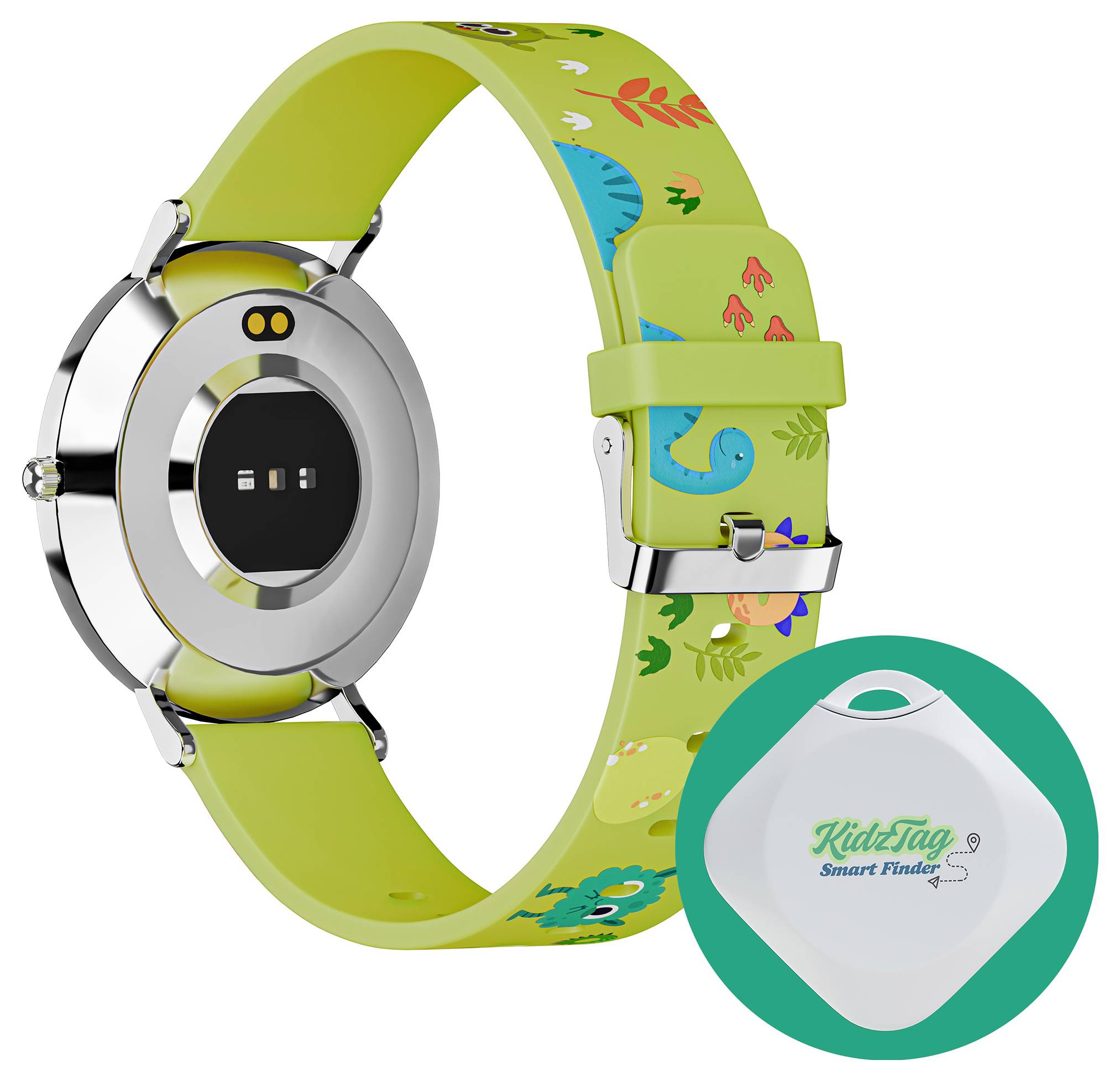 Ein grünes Smartwatch-Armband neben einem quadratischen, weißen KidTag Smart Finder-Gerät. Die Uhr hat ein verspieltes Dinosaurier-Design.
