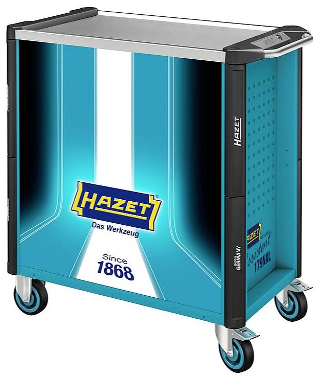 Ein blauer Hazet Werkzeugwagen mit einer metallfarbenen Arbeitsplatte, an dessen Seite der Text 