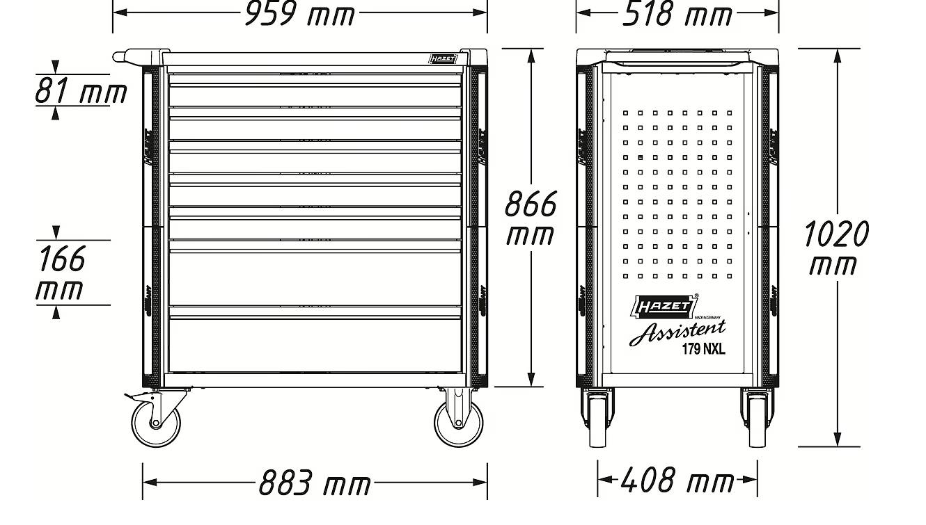 Eine technische Zeichnung eines Werkzeugschranks mit Front- und Seitenansichten und folgenden Maßen: Breite 883-959 mm, Tiefe 408-518 mm, Höhe 866-1020 mm.