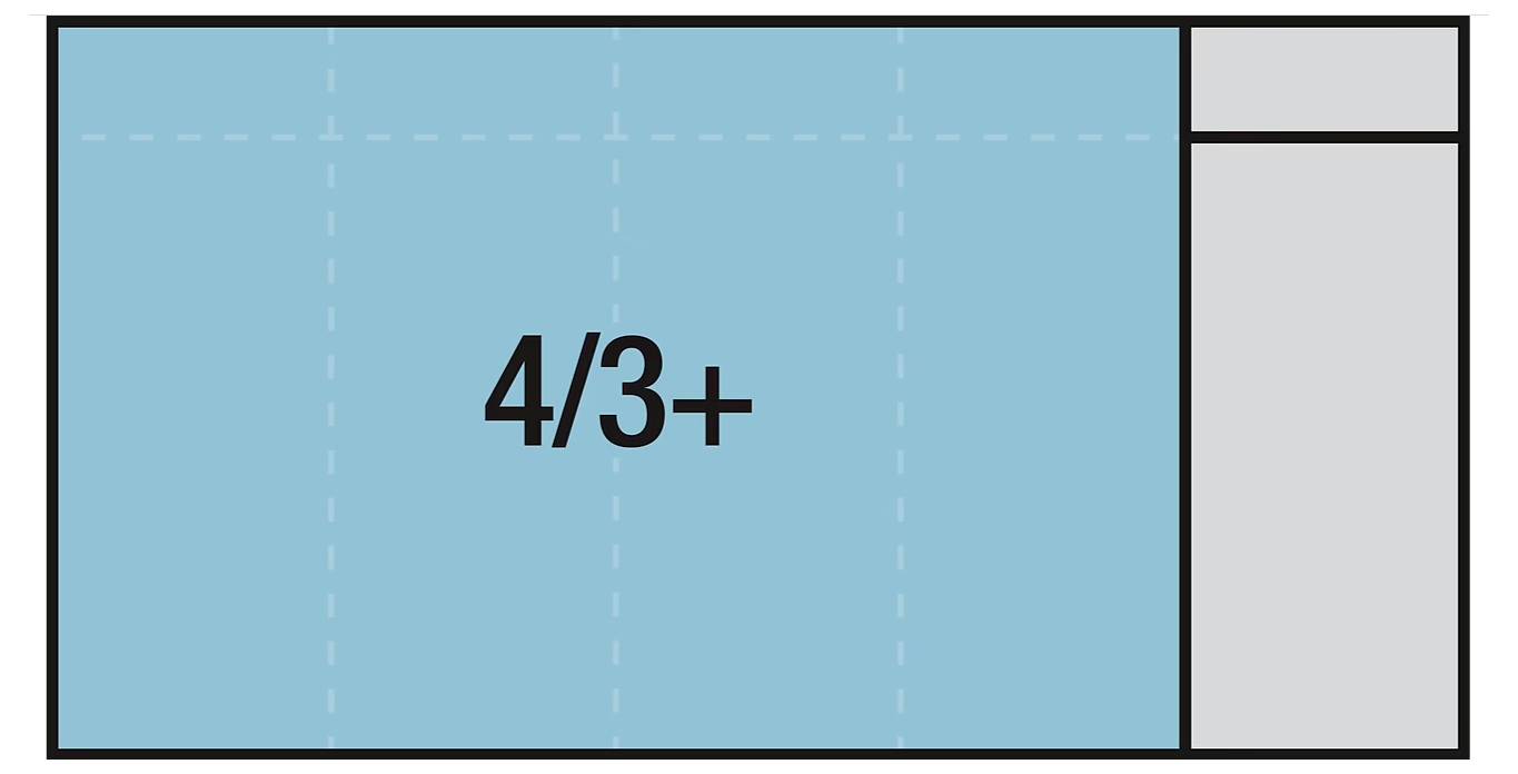 Ein blauer Rechteck mit der Beschriftung '4/3+' mit einem kleineren grauen Rechteck auf der rechten Seite, was einen Layout- oder Seitenverhältnisvergleich andeutet.