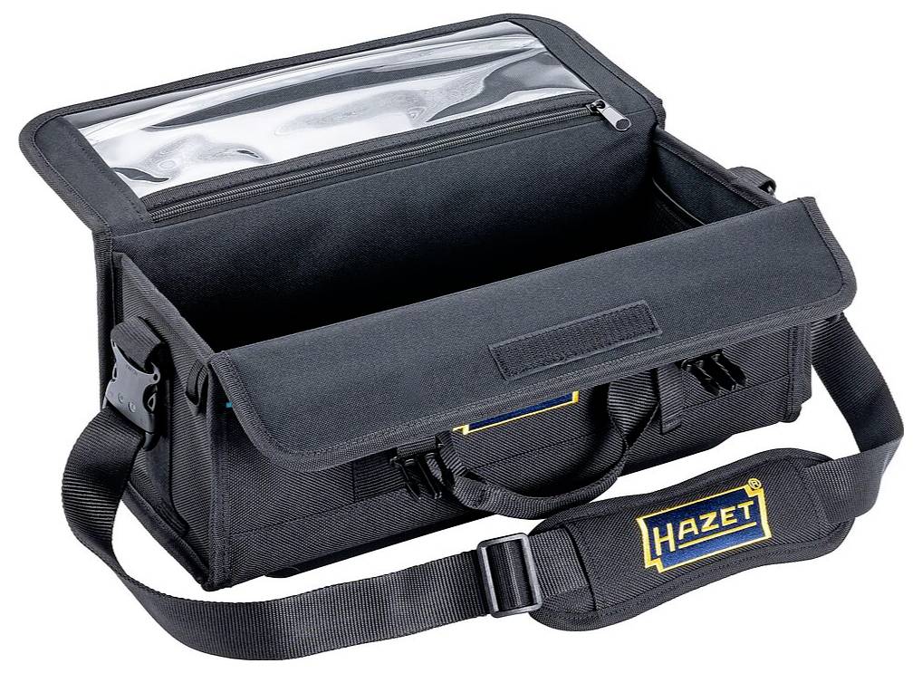 Eine offene schwarze Werkzeugtasche mit Schultergurt, Griff und transparenter Tasche im Deckel. Die Marke 'Hazet' ist auf der Vorderseite aufgedruckt.