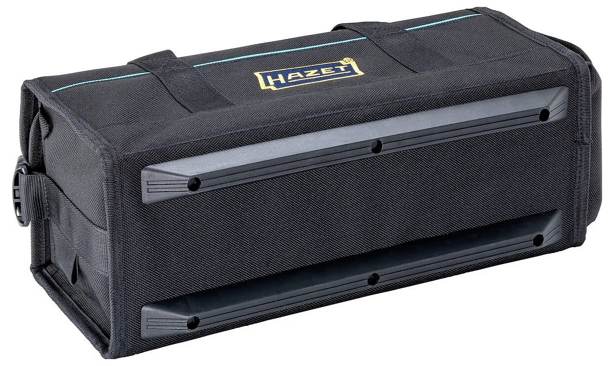 Eine schwarze Hazet Werkzeugtasche mit rechteckiger Form und Griffen, ausgestattet mit einer verstärkten Bodenplatte und blauen Einfassungen.