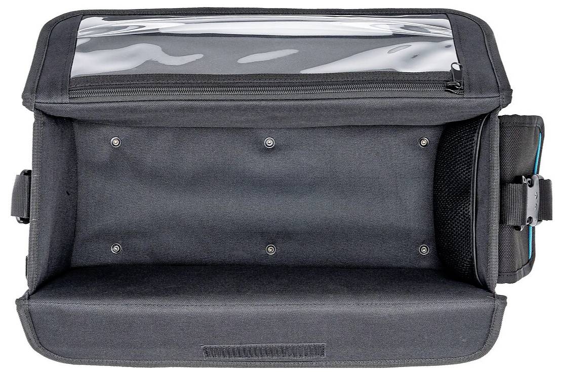 Eine offene schwarze Reisetasche mit einem transparenten Reißverschluss-Fach und mehreren Taschen, konzipiert für eine organisierte Aufbewahrung von kleinen Gegenständen.