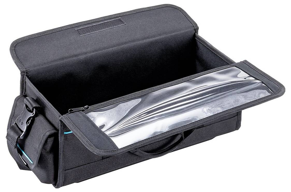 Schwarze Werkzeugtasche mit einem durchsichtigen Deckel öffnen, der den Innenraum zeigt. Seitentasche und Griff sichtbar, entwickelt für einfachen Werkzeugzugang und Organisation.