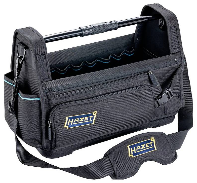 Eine schwarze Werkzeugtasche mit 'Hazet' Logo, ausgestattet mit mehreren Taschen und einem Schultergurt zum bequemen Tragen.