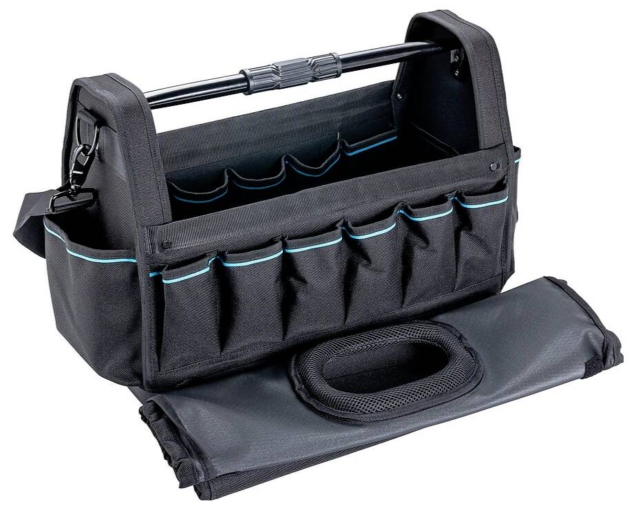 Eine schwarze Werkzeugtasche mit mehreren Taschen und einem Griff, deren abnehmbare Abdeckung davor liegt und Organisationsfunktionen präsentiert.