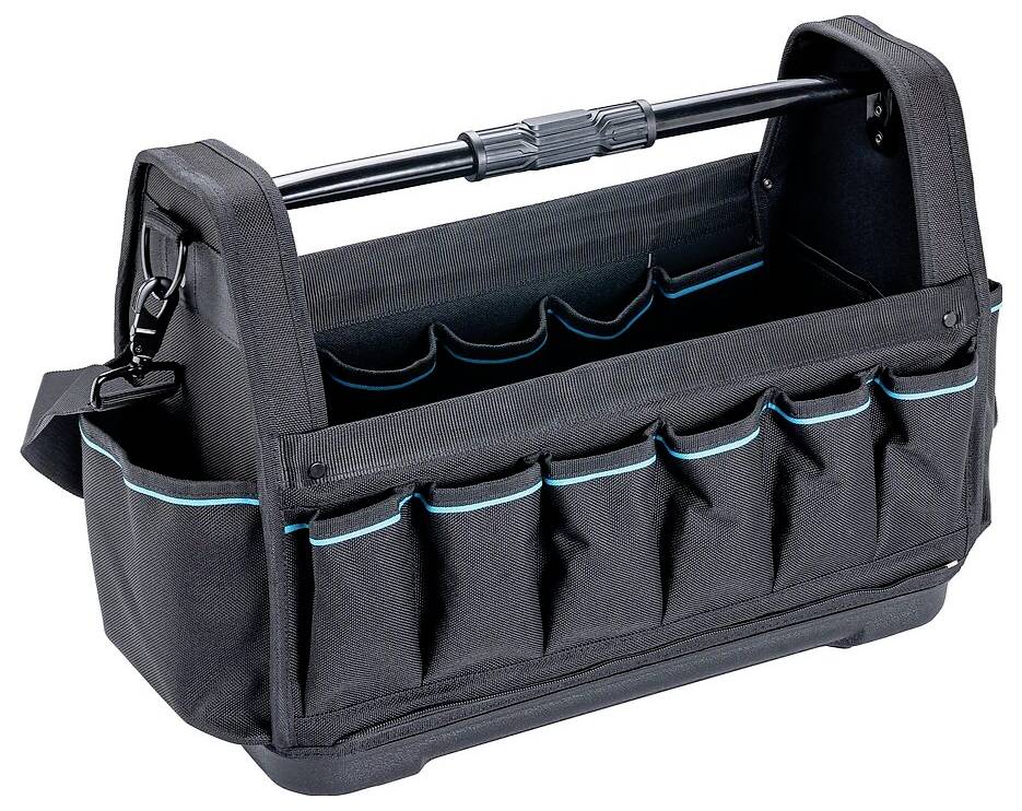 Eine schwarze Werkzeugtasche mit einem stabilen Griff und mehreren Taschen zur Organisation von Werkzeugen und Zubehör, konzipiert für einfachen Transport und Zugriff.