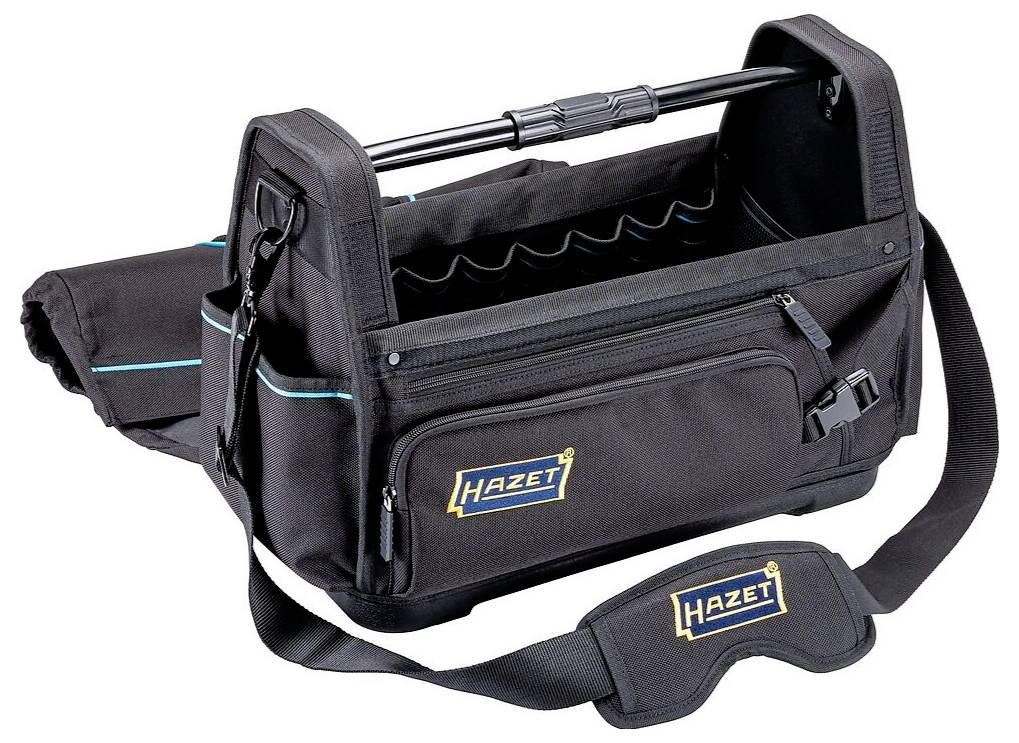 Eine große schwarze Werkzeugtasche der Marke 'Hazet' mit offenem Oberteil, mehreren Taschen, einem Schultergurt und Ziernähten.