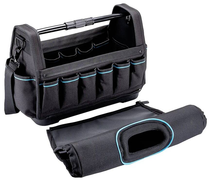 Eine schwarze Tragetasche mit blauer Einfassung, die mehrere Taschen und einen stabilen Griff aufweist. Ein aufrollbarer Werkzeugorganizer liegt davor.