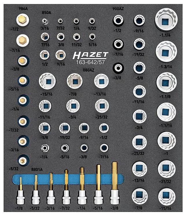 Schraubendreher und Steckschlüsselsatz in Reihen angeordnet, mit verschiedenen Größen beschriftet, von -3/16 bis -1/4. Markenname 'Hazet' in der Mitte.