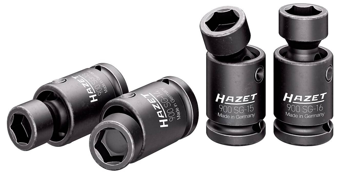 Hazet 900 SG-16 Schlagschrauber-Steckschlüsselsatz, in Deutschland hergestellt, umfasst vier schwarze Stahlsteckschlüssel mit Hazet-Branding.