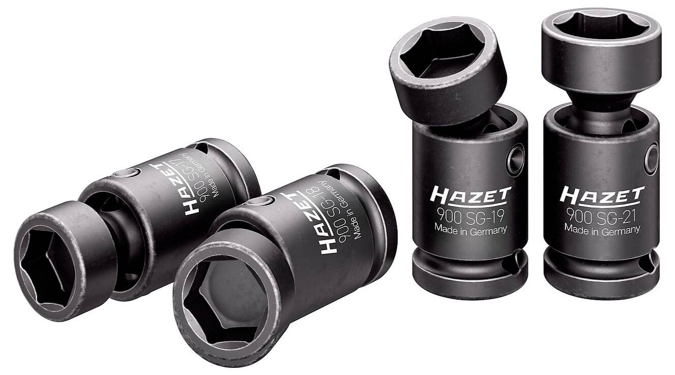 Vier HAZET Schlagschraubereinsätze in einer Reihe, mit den Modellen '900 SG-19' und '900 SG-21', in Deutschland hergestellt, für mechanische Anwendungen konzipiert.