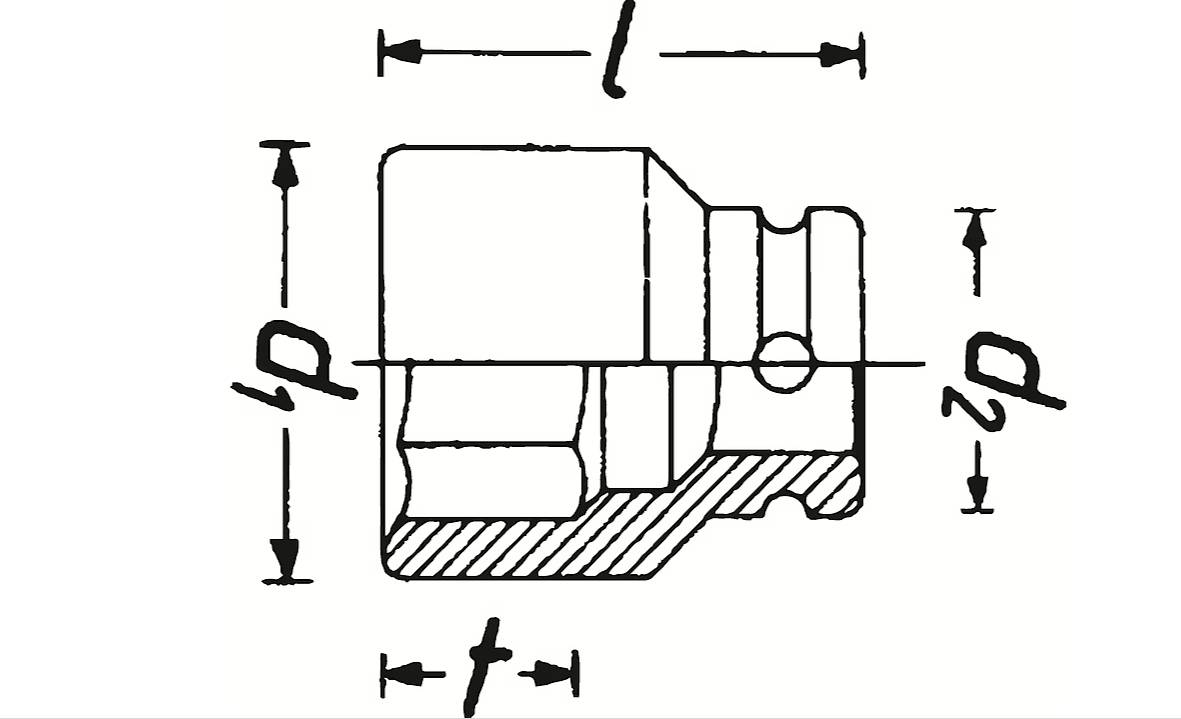 Technische Zeichnung eines zylindrischen Bauteils mit beschrifteten Abmessungen: Länge (l), Durchmesser (d1, d2) und Dicke (t).