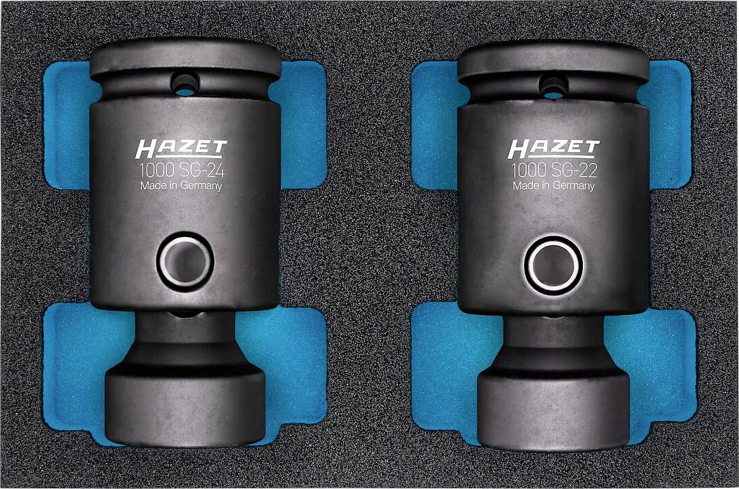 Zwei schwarze Hazet-Werkzeuge mit den Bezeichnungen '1000 SG-24' und '1000 SG-22', hergestellt in Deutschland, in einem mit Schaumstoff ausgekleideten Koffer mit blauen Abschnitten.