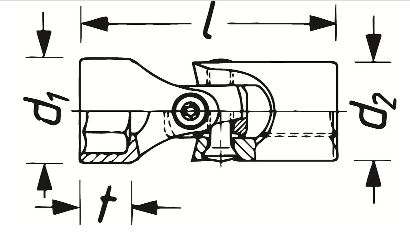Technische Zeichnung eines mechanischen Bauteils mit beschrifteten Maßen: d1, d2, t, l. Zeigt einen zentralen Bolzen und detaillierte Innenstruktur.