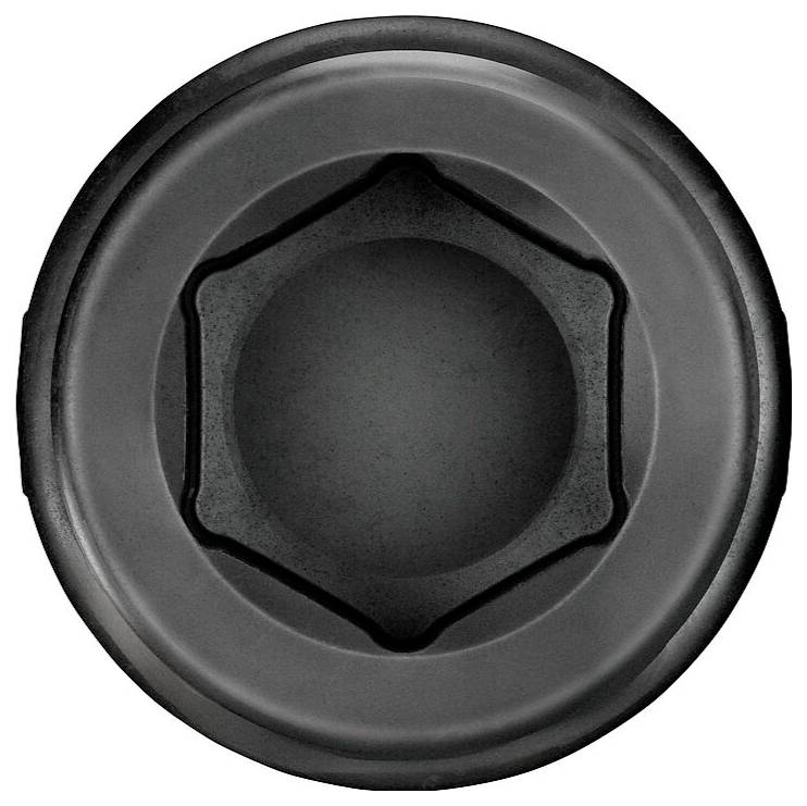 Ein runder schwarzer Gegenstand mit einer sechseckigen Aussparung in der Mitte, der einem Bolzen- oder Schraubenkopf ähnelt, vor einem einfarbigen Hintergrund.