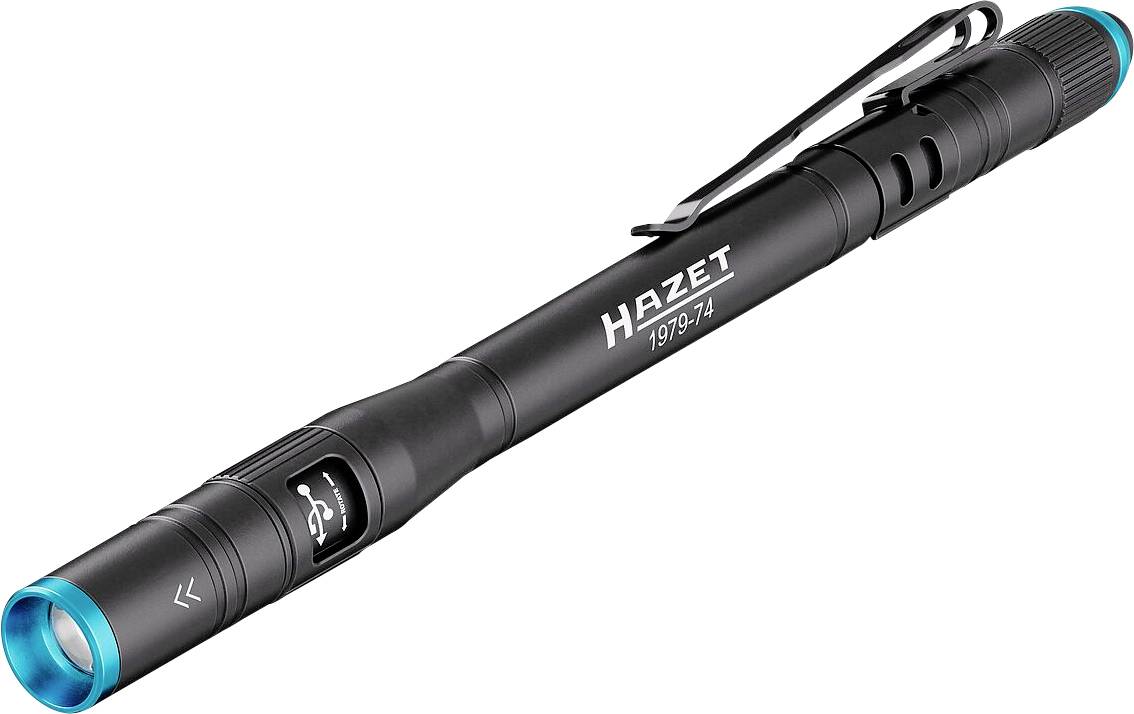 Hazet 1979-74 schwarze, stiftförmige Taschenlampe mit Clip und blauen Akzenten, mit USB-Ladeikonenaufdruck an der Seite.