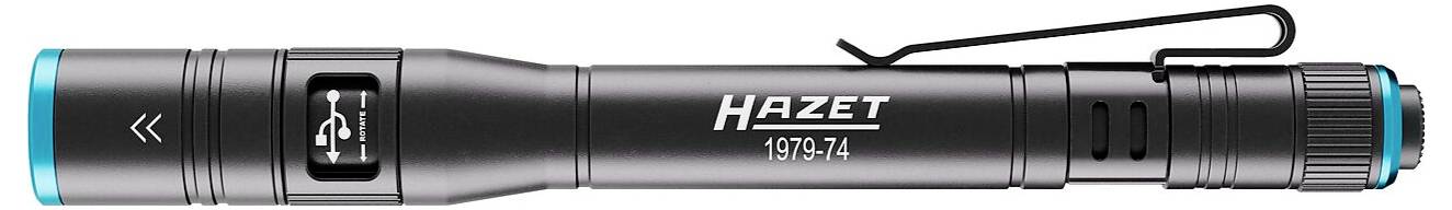Eine schwarze Hazet Taschenlampen-Stiftleuchte mit der Modellnummer 1979-2L, ausgestattet mit einer Gürtelklammer und türkisfarbenen Akzenten, horizontal präsentiert.