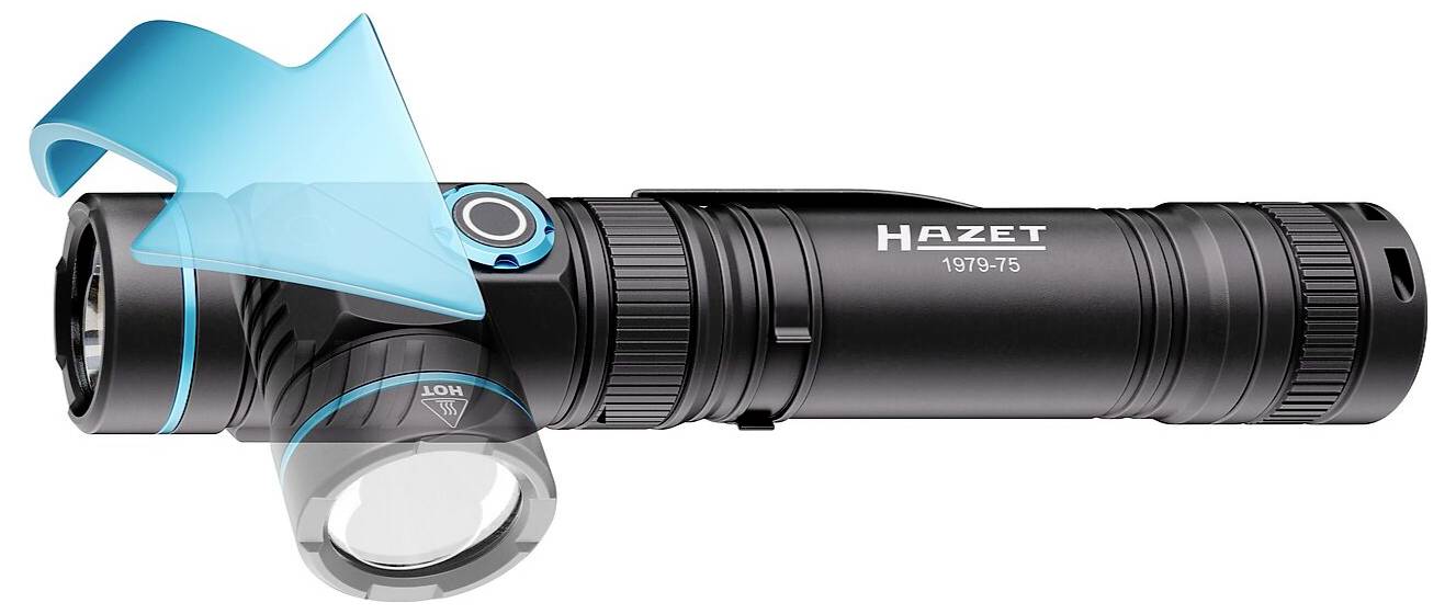 Eine schwarze Taschenlampe mit drehbarem Kopf, entworfen von Hazet. Ein Pfeil weist auf den Drehemechanismus hin und betont die einstellbare Fokussierung.