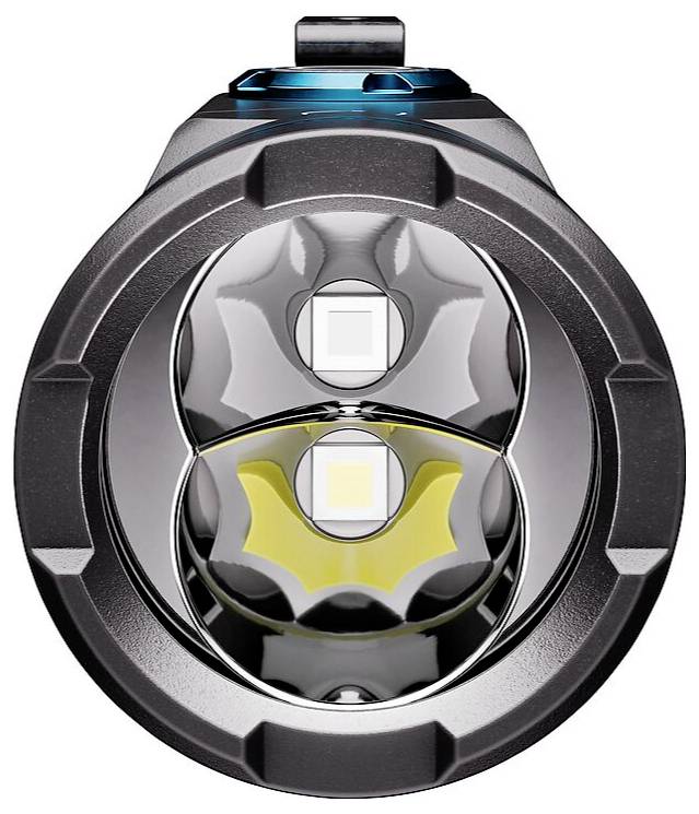 Eine Nahaufnahme eines Taschenlampengehäuses, die zwei LED-Birnen in einem metallischen Gehäuse zeigt, konstruiert für verbesserte Helligkeit und Haltbarkeit.