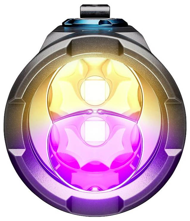Ein farbenfroher Taschenlampenreflektor, der helles gelbes und pinkes Licht ausstrahlt und von vorne betrachtet wird, der ein glattes, symmetrisches Design aufweist.