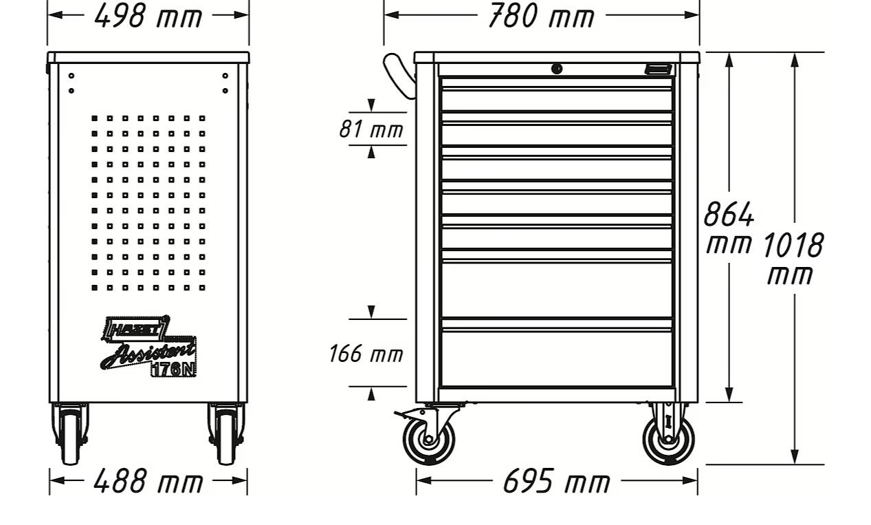 Werkzeugschrank-Abmessungen: 498 mm Breite, 695 mm Tiefe, 864 mm Höhe. Ausgestattet mit mehreren Schubladen und Rollen für Mobilität.