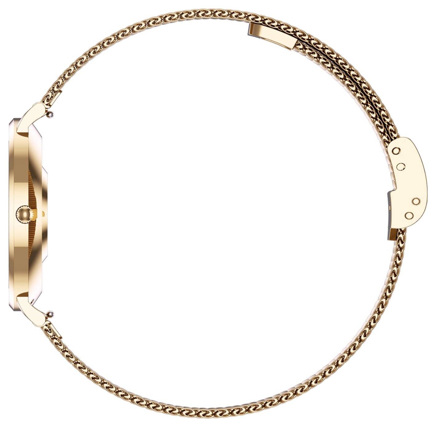 Eine Golduhr mit minimalistischem Design und einem dünnen Metallkettenarmband, von der Seite gezeigt, wobei ihr schlankes Profil hervorgehoben wird.