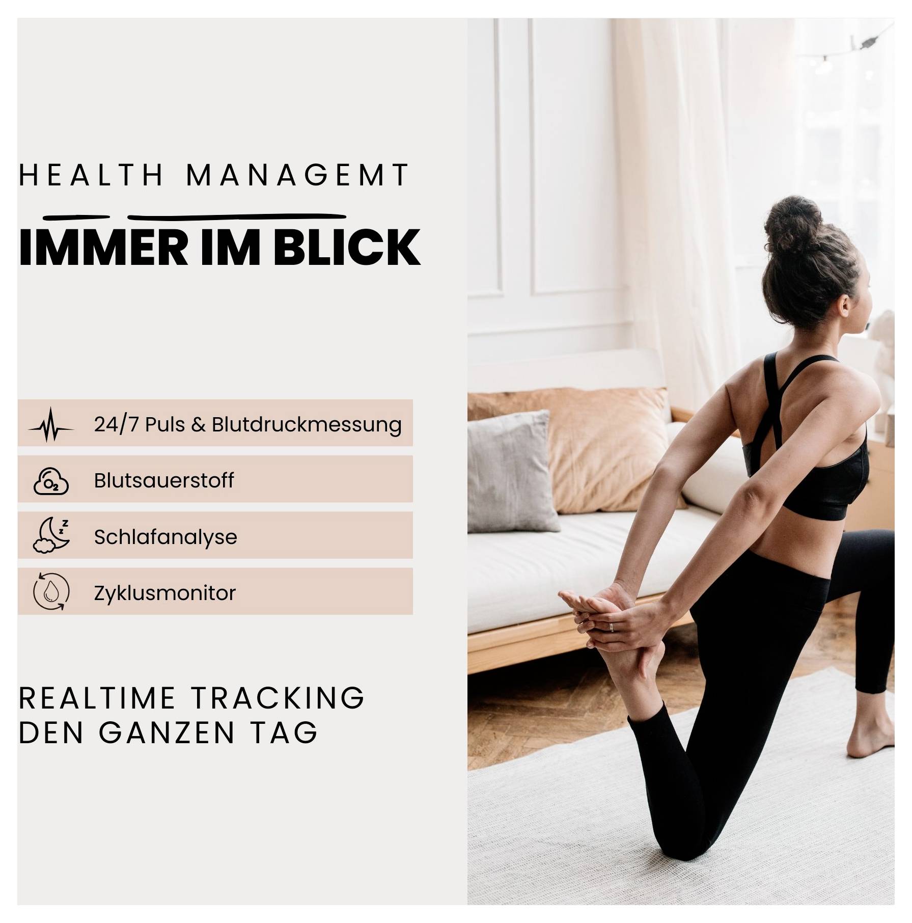 'Health Management immer im Blick'. Frau in Yoga-Pose. Text: '24/7 Puls & Blutdruckmessung, Blutsauerstoff, Schlafanalyse, Zyklusmonitor, Realtime Tracking'.
