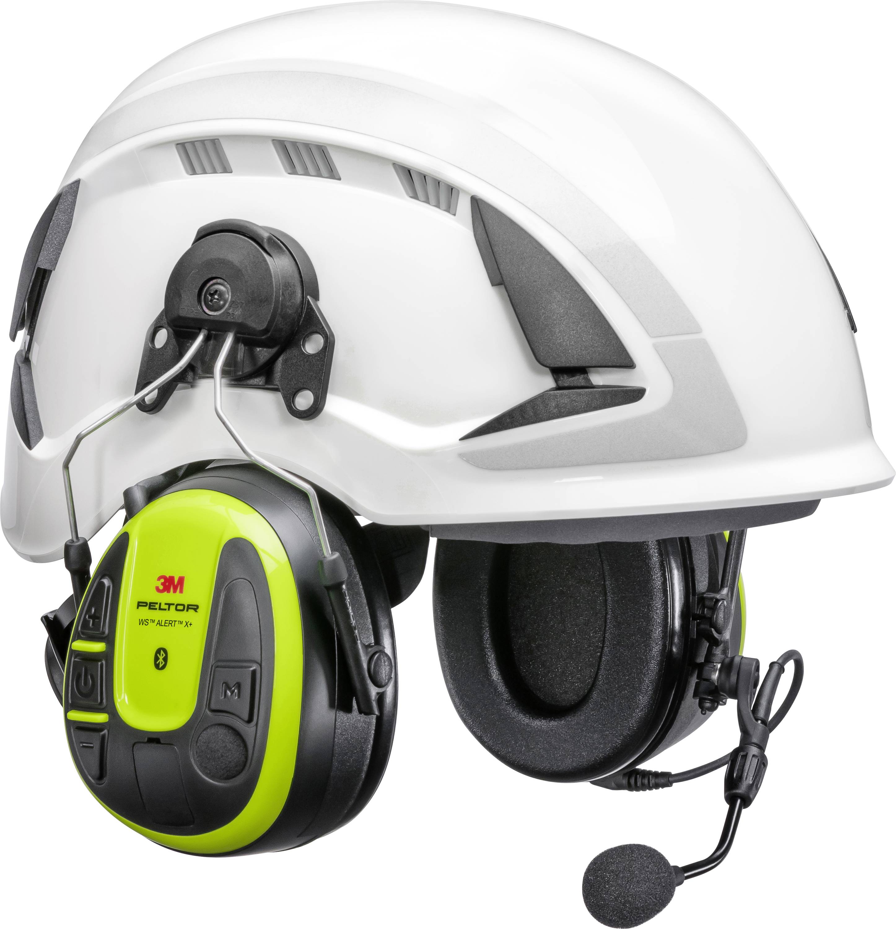 Ein weißer Schutzhelm mit angebrachten neongelben und schwarzen Gehörschützern und Mikrofon, konzipiert für Gehörschutz und Kommunikation auf Baustellen.