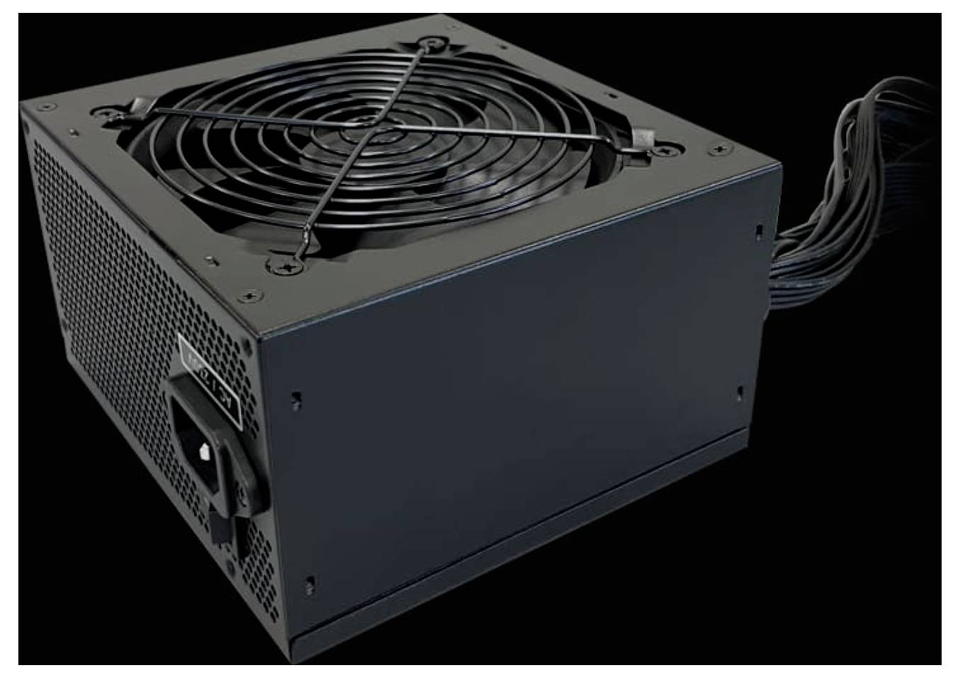 Ein Netzteil mit einem Lüfter oben und einem Kabelstrang an der Seite.