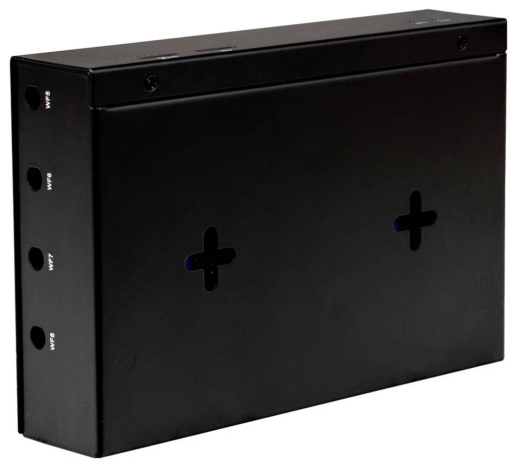 Eine schwarze Metall-Elektroverteilerdose mit mehreren Eintrittspunkten, die mit 