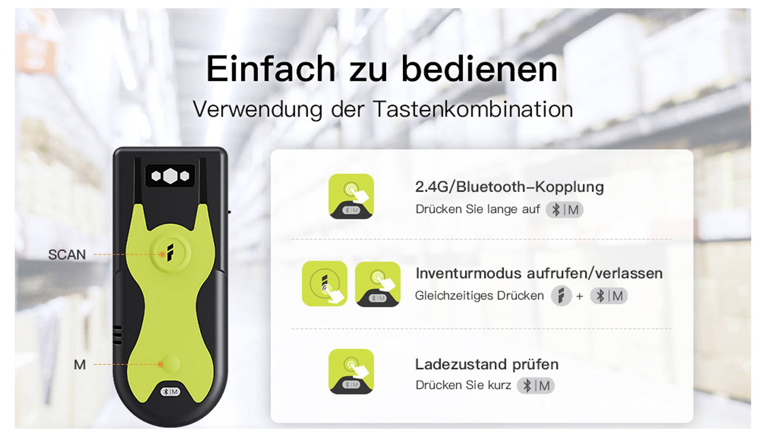 Inateck BCST-42_green Barcode-Scanner Bluetooth®, Funk 1D, 2D LED Black, Green Hand-Scanner inkl. Standfuß