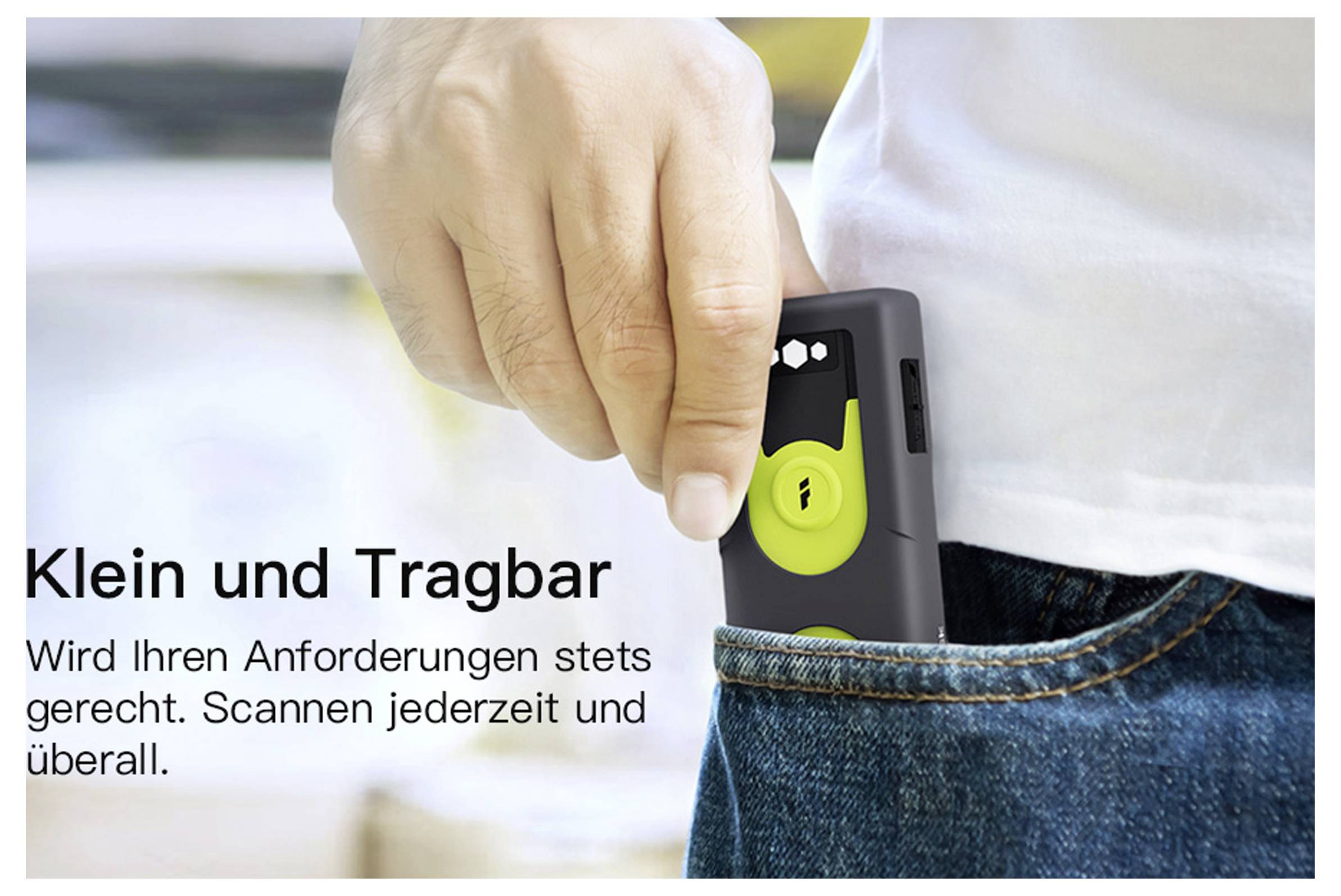 Eine Person steckt einen kleinen, tragbaren Scanner in eine Tasche. Der Text auf Deutsch lautet „Klein und Tragbar