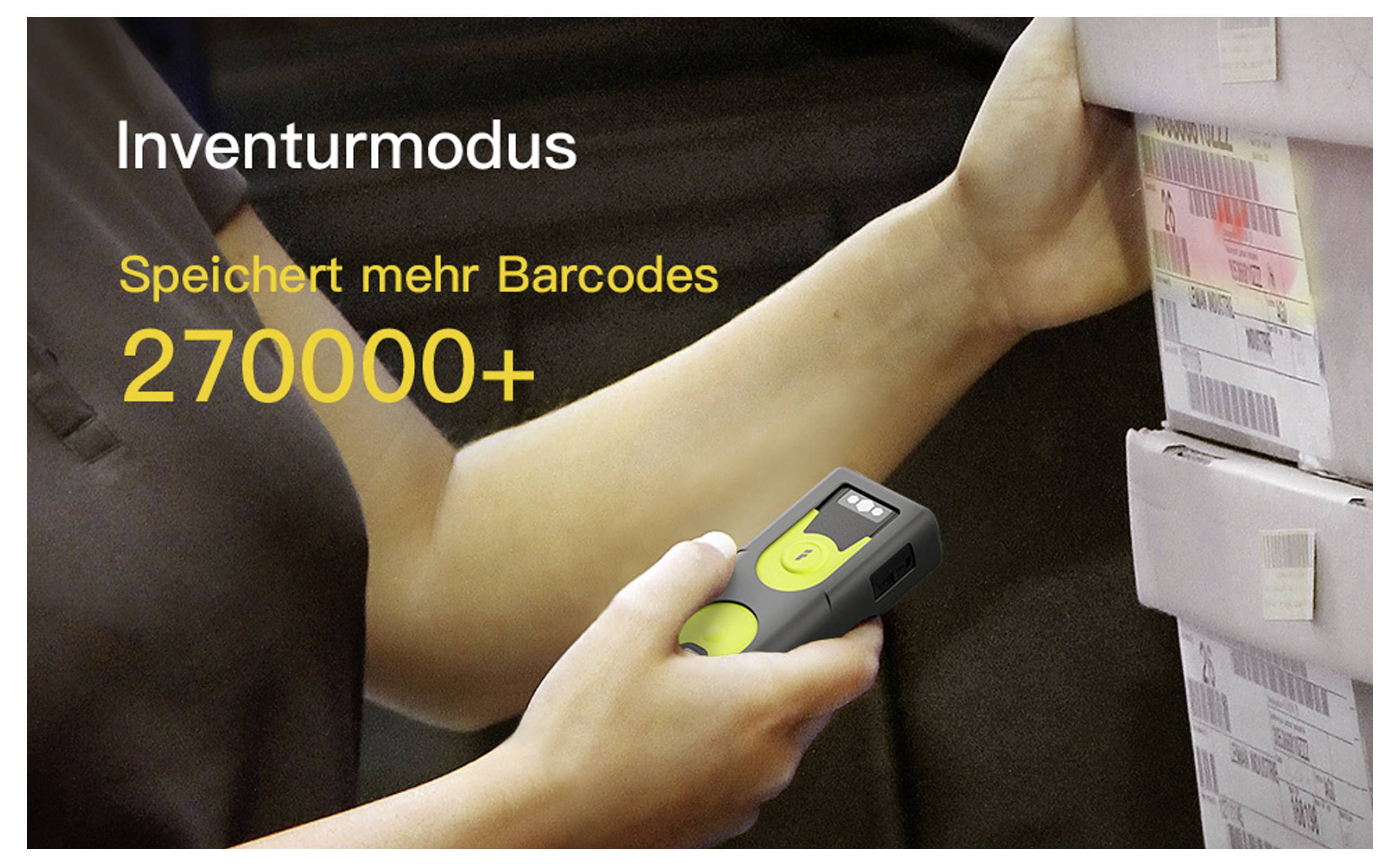Eine Person verwendet einen tragbaren Barcode-Scanner, der auf Kisten mit Barcodes gerichtet ist. Der Text lautet „Inventurmodus