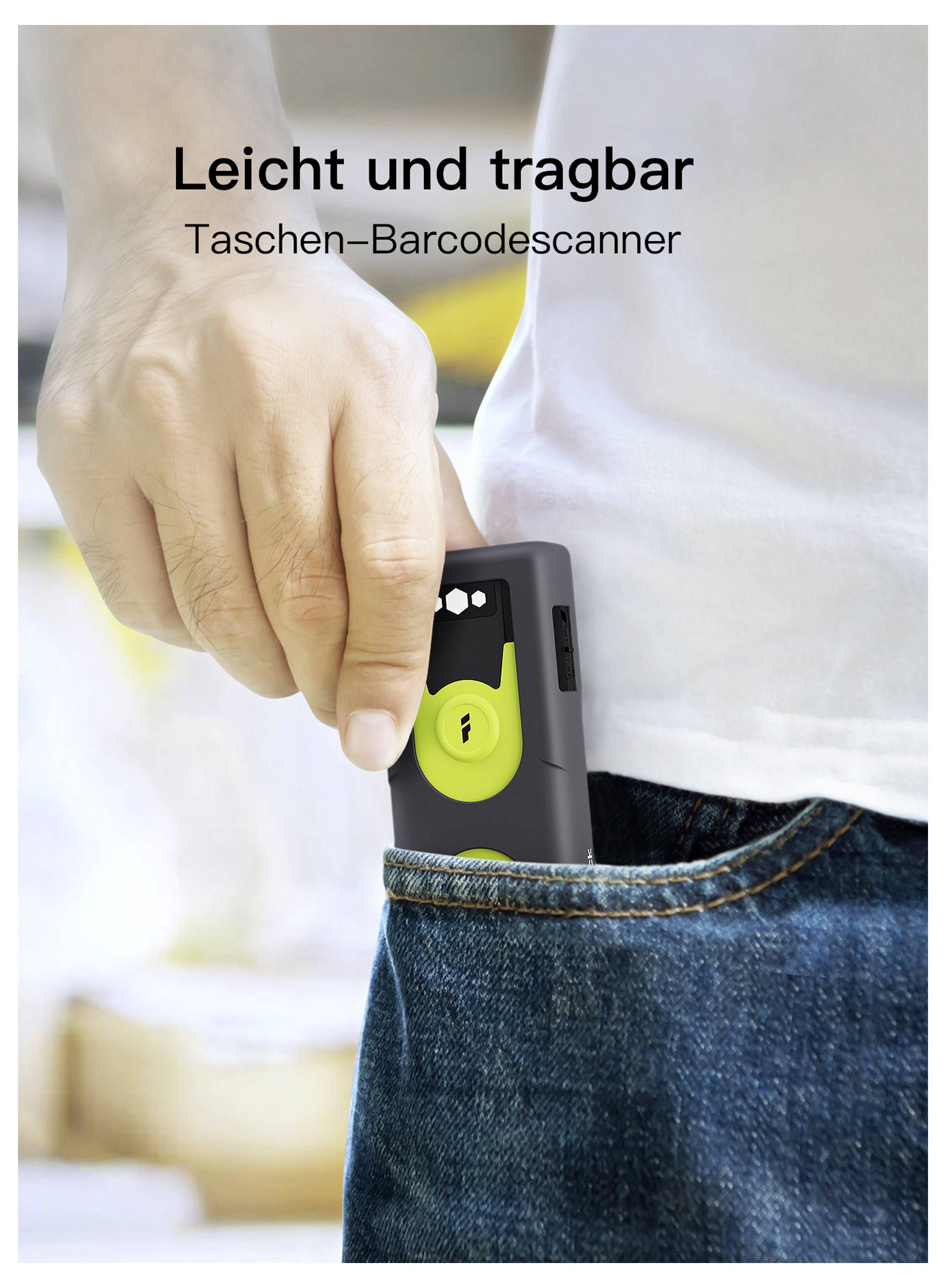 Eine Hand legt einen kleinen, leichten Barcode-Scanner mit hellem Akzent in eine Jeanstasche. Der deutsche Text lautet „Leicht und tragbar.