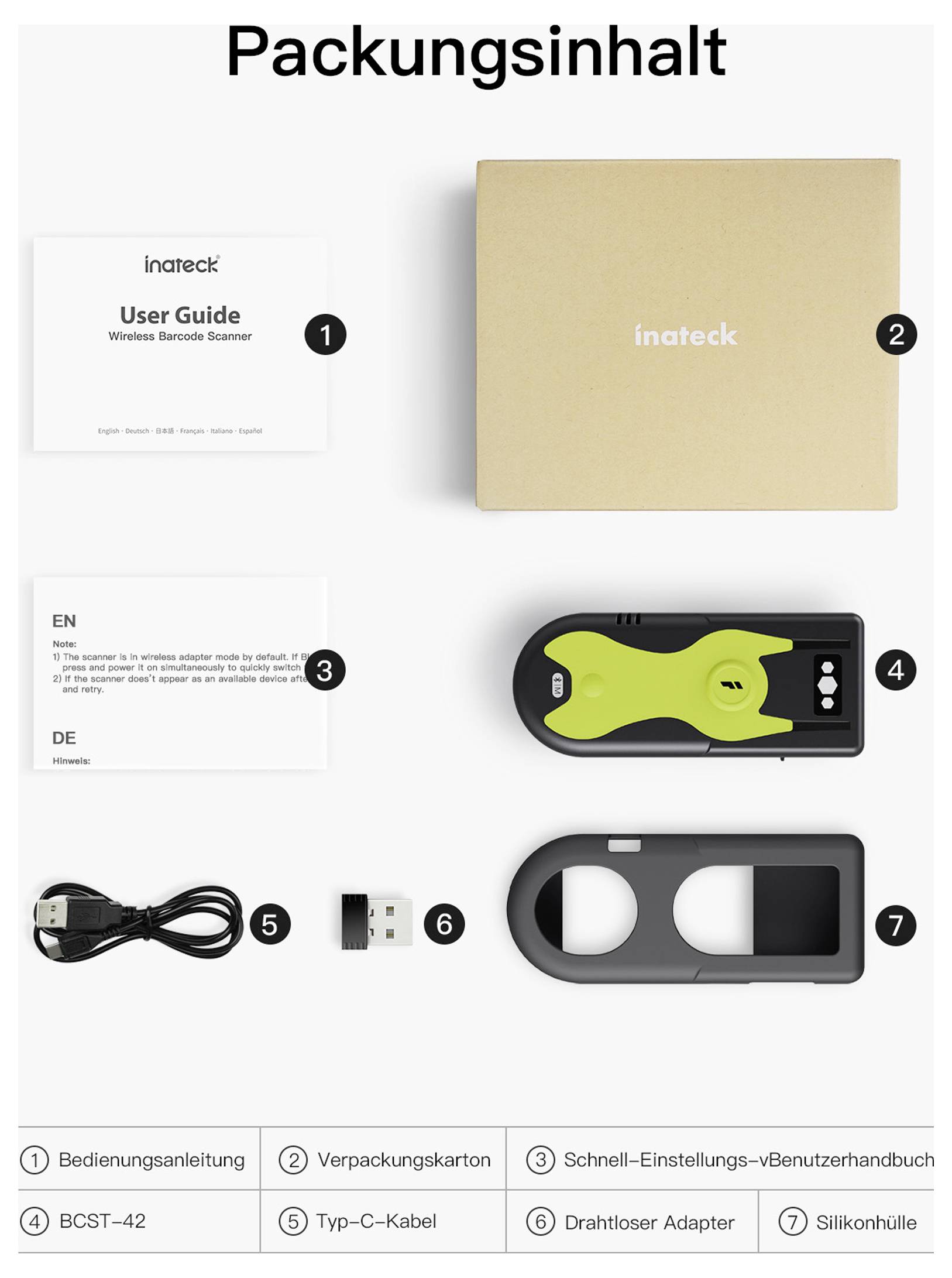 Das Bild zeigt den Inhalt eines Pakets: Benutzerhandbuch, Verpackungsbox, Barcode-Scanner, Schnellstartanleitung, USB-Kabel, Adapter und Silikongehäuse.